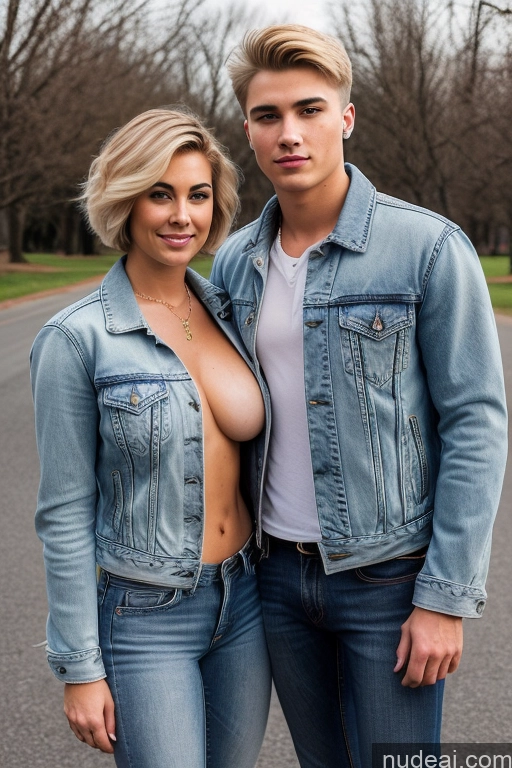 ai nude image of blond haired woman with a shaved head and a man in a denim jacket pics of 18 Blonde Short Hair Topless Cleavage Partially Nude Diamond Jewelry Detailed Boots Jeans Jacket Woman + Man