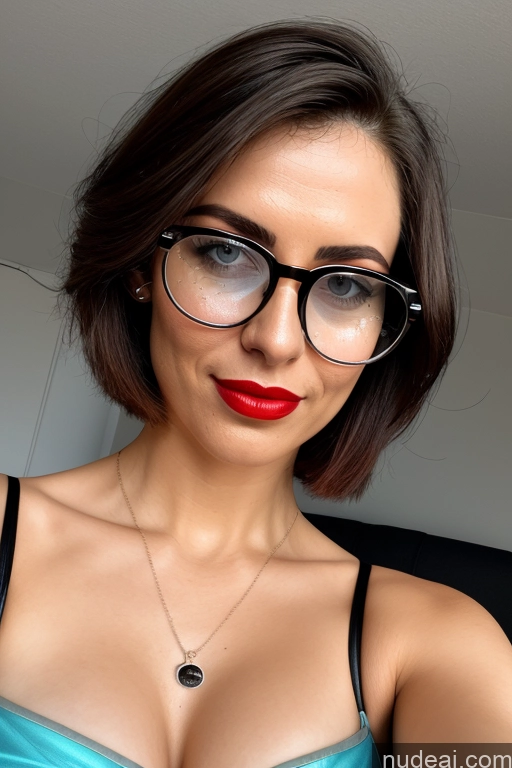 ai nude image of there is a woman wearing glasses and a blue dress posing for a picture pics of 40s Seductive Bobcut One Czech Mirror Selfie Bedroom Front View Microkini High Heels Transparent Simple Detailed Bright Lighting Busty Lipstick Glasses Pubic Hair