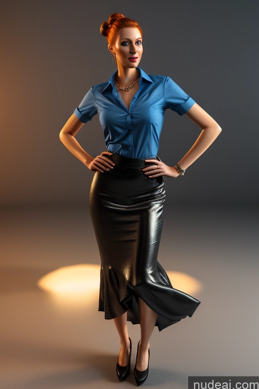 ai nude image of arafed woman in a blue shirt and black skirt posing for a picture pics of Woman Skinny 20s Ginger Irish 3d Flight Attendant Blouse Long Skirt Jewelry Bright Lighting Alternative Hair Bun