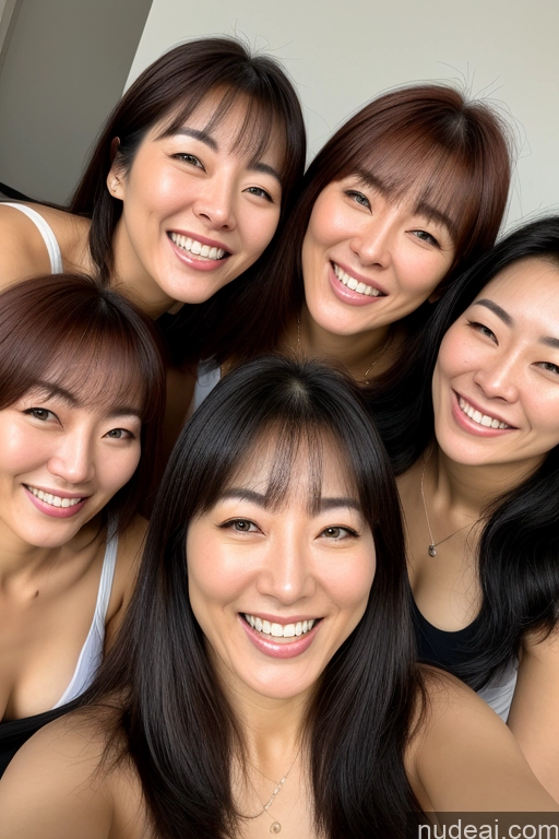 ai nude image of there are four women smiling together in a group posing for a picture pics of Woman Several Small Tits Small Ass 60s Happy Black Hair Bangs Korean Soft + Warm Meadow Front View Yoga Nude Yoga Pants Topless Jewelry Bright Lighting