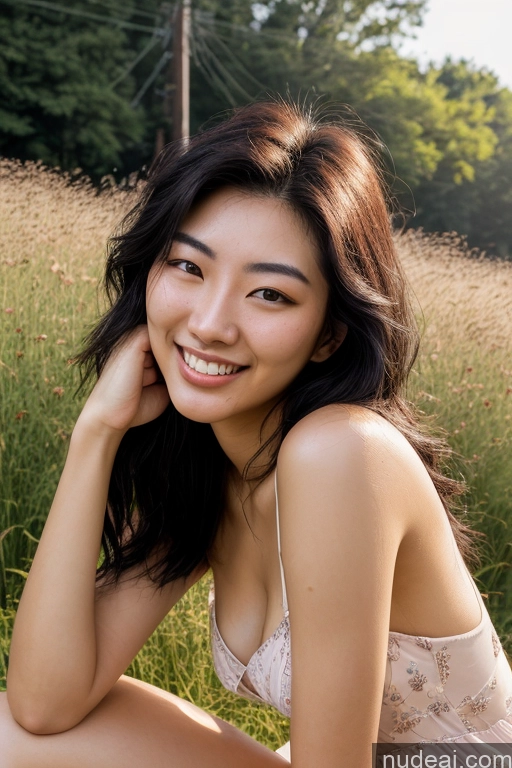 ai nude image of arafed asian woman in a white dress sitting in a field pics of Woman Several Small Tits Small Ass Tall 18 Happy Black Hair Korean Soft + Warm Meadow Front View Cumshot Topless Pearl Jewelry Bright Lighting Messy Sundress