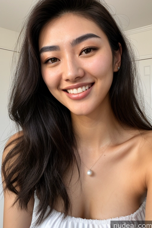 ai nude image of arafed woman with long dark hair and a white top smiling pics of Woman Several Small Tits Small Ass Tall 18 Happy Black Hair Korean Soft + Warm Meadow Front View Cumshot Topless Pearl Jewelry Bright Lighting Messy Sundress