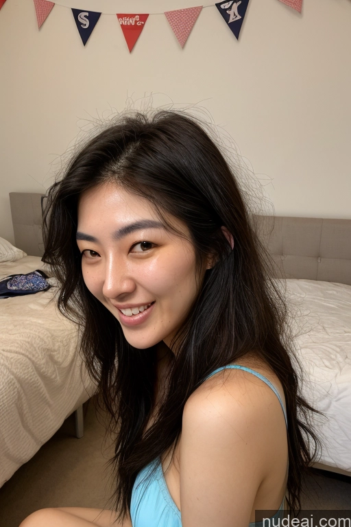 ai nude image of arafed woman sitting on the floor in front of a bed pics of Woman Several Small Tits Small Ass Tall 18 Happy Black Hair Korean Soft + Warm Meadow Front View Cumshot Topless Pearl Jewelry Bright Lighting Messy Sundress