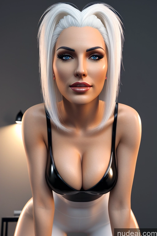 ai nude image of there is a woman with a very big breast posing for a picture pics of Woman One Perfect Boobs 30s Sexy Face White Hair Straight 3d Office Front View Bending Over Latex Bright Lighting