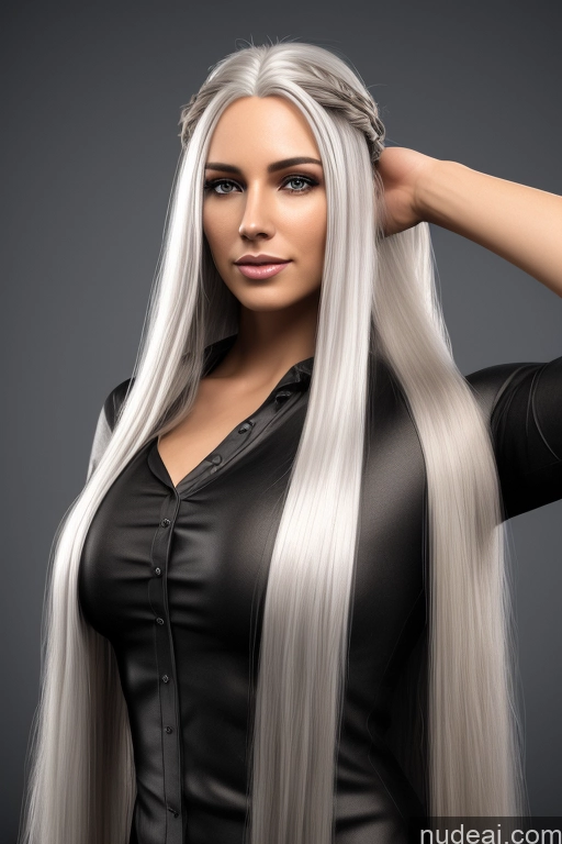 ai nude image of a close up of a woman with long white hair wearing a black shirt pics of Woman One Perfect Boobs Sexy Face White Hair 3d Office Bright Lighting 30s Long Hair Doctor