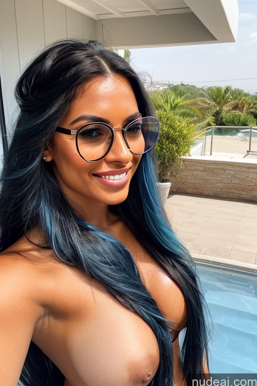 ai nude image of a close up of a woman with glasses posing by a pool pics of Woman Several Busty Glasses 18 Happy Orgasm Seductive Blue Hair Long Hair Spanish Mirror Selfie Bathroom Front View Nude Skinny Tanned Skin