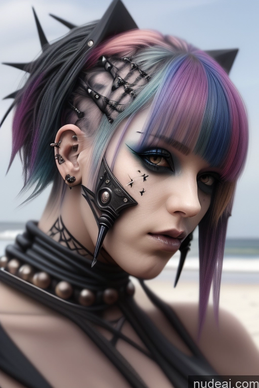 ai nude image of arafed woman with colorful hair and spiked ears on the beach pics of Gothic Punk Girl Close-up View Perfect Boobs Big Ass Nude Bra Pull Down Rainbow Haired Girl Beach