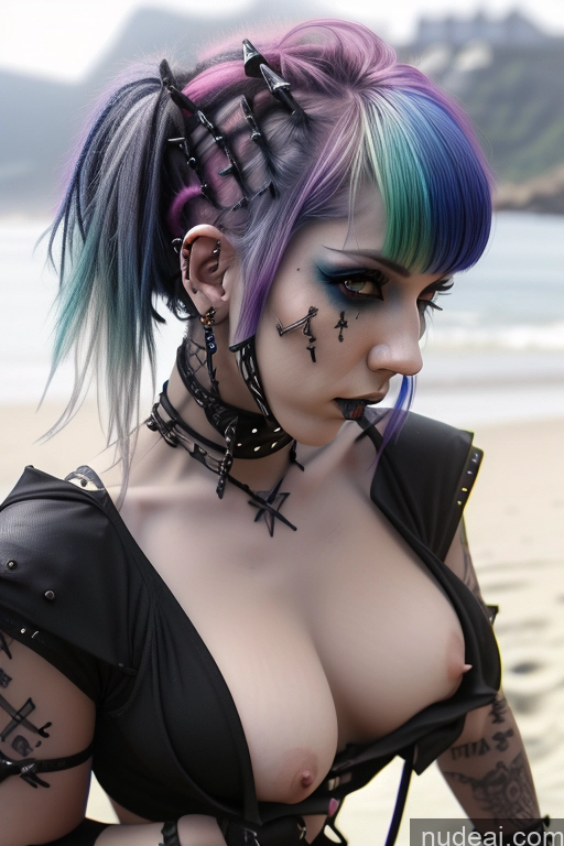 ai nude image of arafed woman with colorful hair and piercings on a beach pics of Gothic Punk Girl Close-up View Perfect Boobs Big Ass Nude Bra Pull Down Rainbow Haired Girl Beach