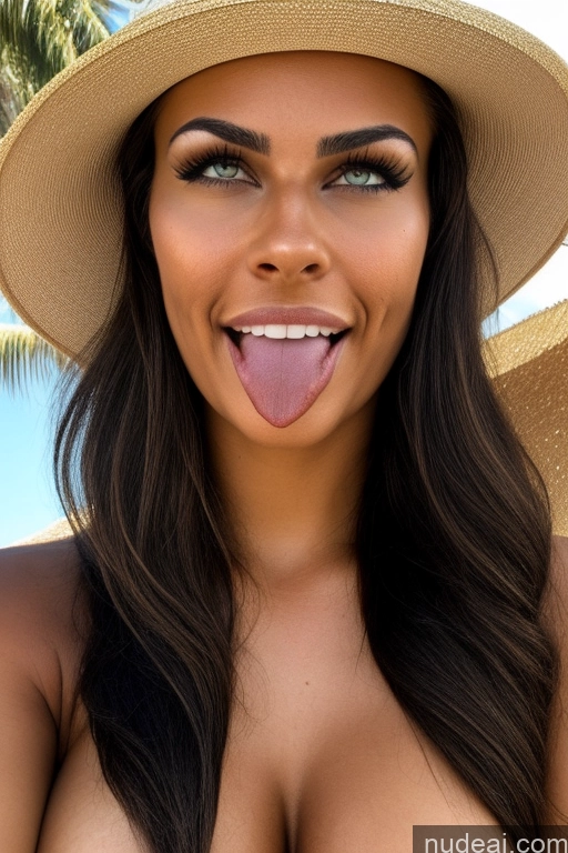 ai nude image of arafed woman with a hat on her head sticking out her tongue pics of Woman + Man Two Tanned Skin Perfect Boobs 18 Ahegao Brunette White Beach Front View Cumshot Topless Partially Nude Cheerleader