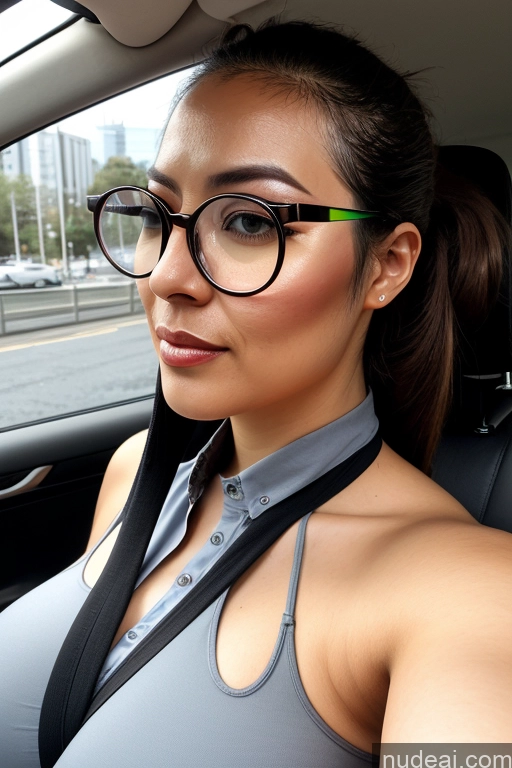 ai nude image of there is a woman wearing glasses sitting in a car pics of Woman Glasses Big Ass Thick Tall Big Hips Pubic Hair 20s Ponytail Japanese Car Polo Huge Boobs