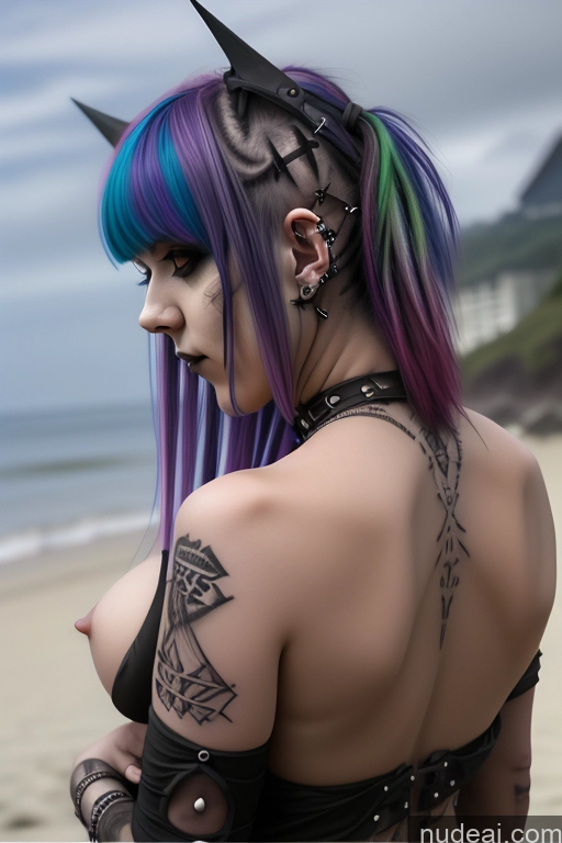 ai nude image of arafed woman with purple hair and tattoos on her back pics of Gothic Punk Girl Close-up View Perfect Boobs Big Ass Nude Bra Pull Down Rainbow Haired Girl Beach