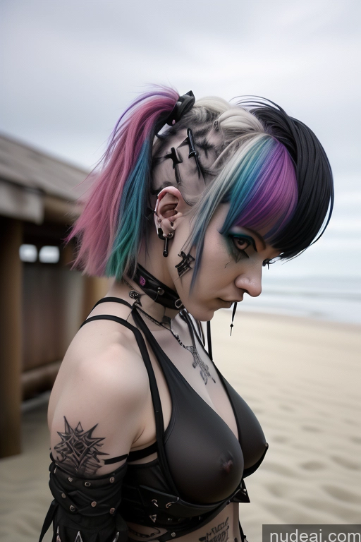 ai nude image of arafed woman with colorful hair and piercings on a beach pics of Gothic Punk Girl Close-up View Perfect Boobs Big Ass Nude Bra Pull Down Rainbow Haired Girl Beach