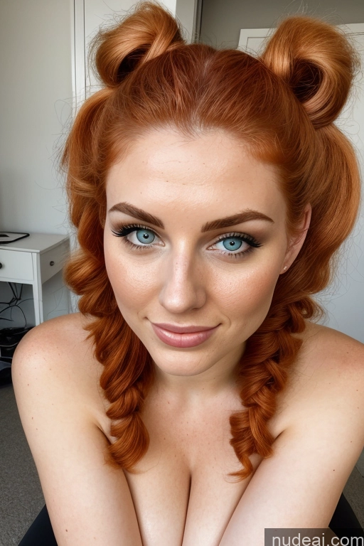 ai nude image of redhead haired woman with a messy bun with blue eyes and red hair pics of Woman Several Seductive Ginger Close-up View Yoga Nude Busty Fairer Skin 18 Sexy Face Pigtails Irish