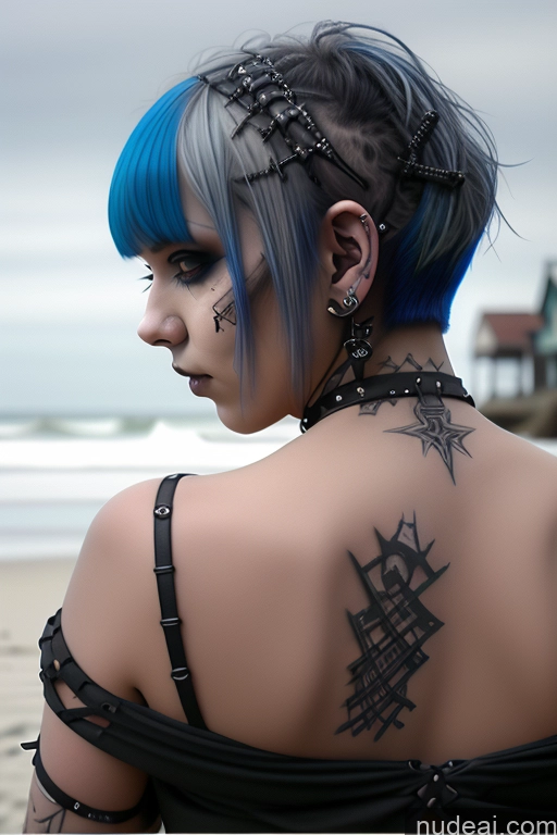 ai nude image of arafed woman with blue hair and piercings on her back pics of Gothic Punk Girl Close-up View Perfect Boobs Big Ass Nude Bra Pull Down Beach Blue Hair Bobcut