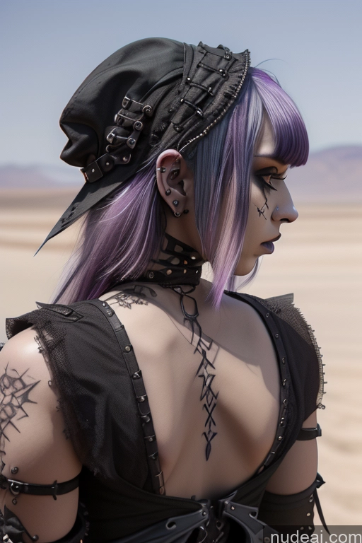 ai nude image of arafed woman with purple hair and tattoos on her back pics of Gothic Punk Girl Perfect Boobs Big Ass Close-up View Purple Hair Slicked Nude Desert Bra Pull Down Busty Hat