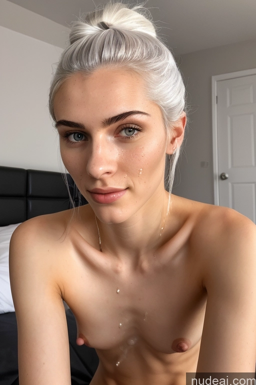 ai nude image of blond woman with white hair and piercings posing naked on bed pics of Woman Skinny Pubic Hair White Hair 18 Small Ass Hair Bun Bedroom Small Tits Cumshot