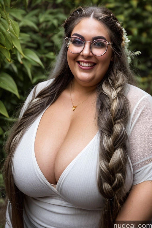 ai nude image of araffe woman with glasses and a white top posing for a picture pics of Front View Long Hair Happy 30s Huge Boobs Woman Glasses Chubby White Hair Gold Jewelry