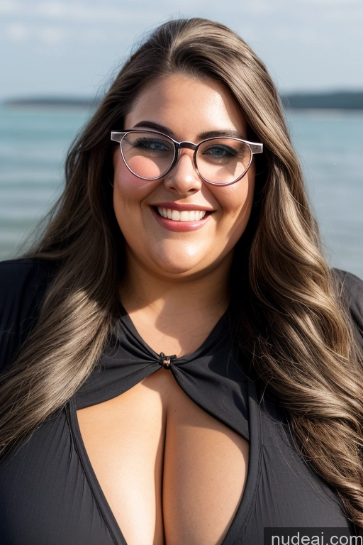 ai nude image of smiling woman with glasses and a black top posing for a picture pics of Front View Long Hair Happy 30s Huge Boobs Woman Glasses Chubby White Hair Gold Jewelry Busty