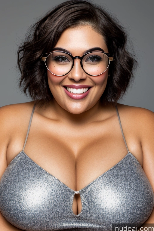 ai nude image of arafed woman with glasses and a bra top smiling for a picture pics of Front View Happy 30s Huge Boobs Glasses Chubby Gold Jewelry Busty Model Black Hair Short Hair