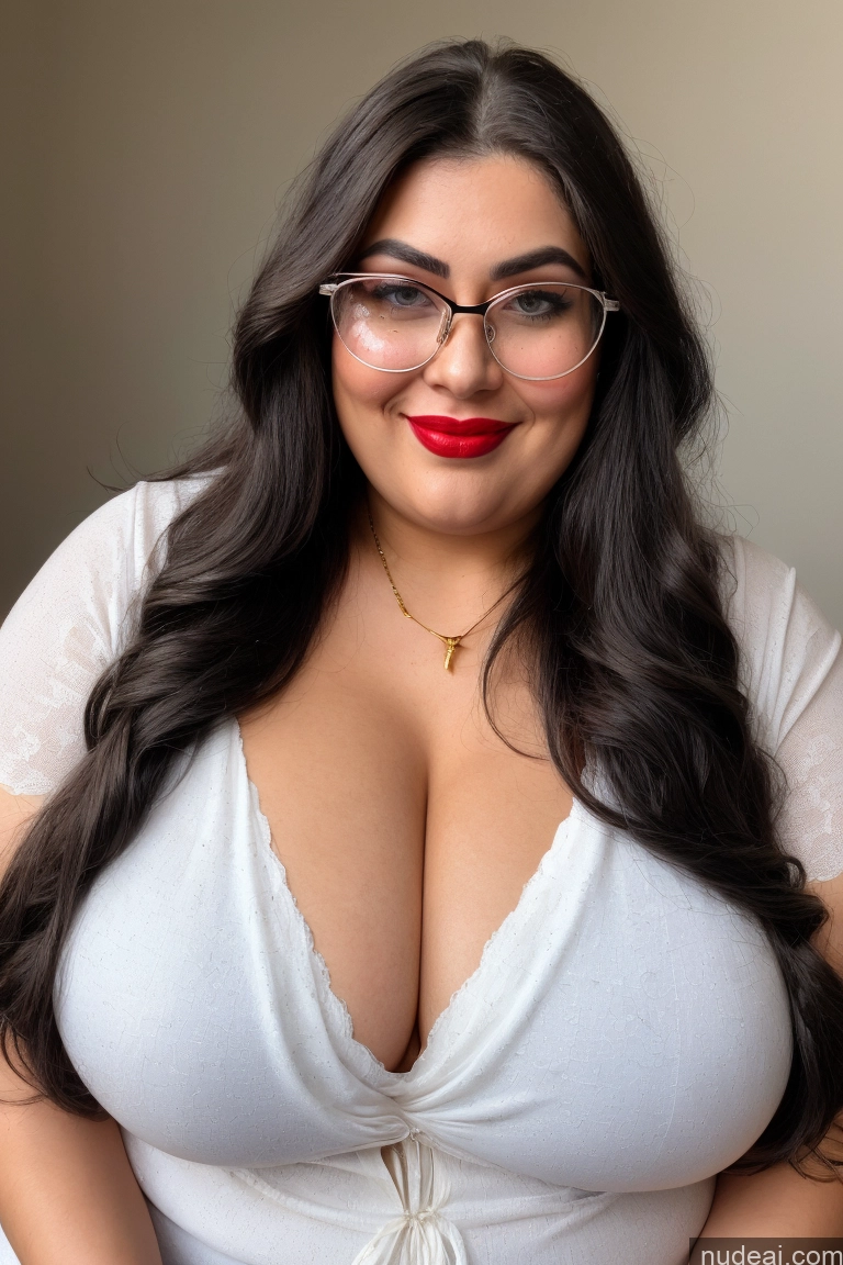 ai nude image of araffe woman with glasses and a white top posing for a picture pics of Front View Happy 30s Huge Boobs Glasses Gold Jewelry Busty Black Hair Long Hair Woman Chubby Lipstick Thick