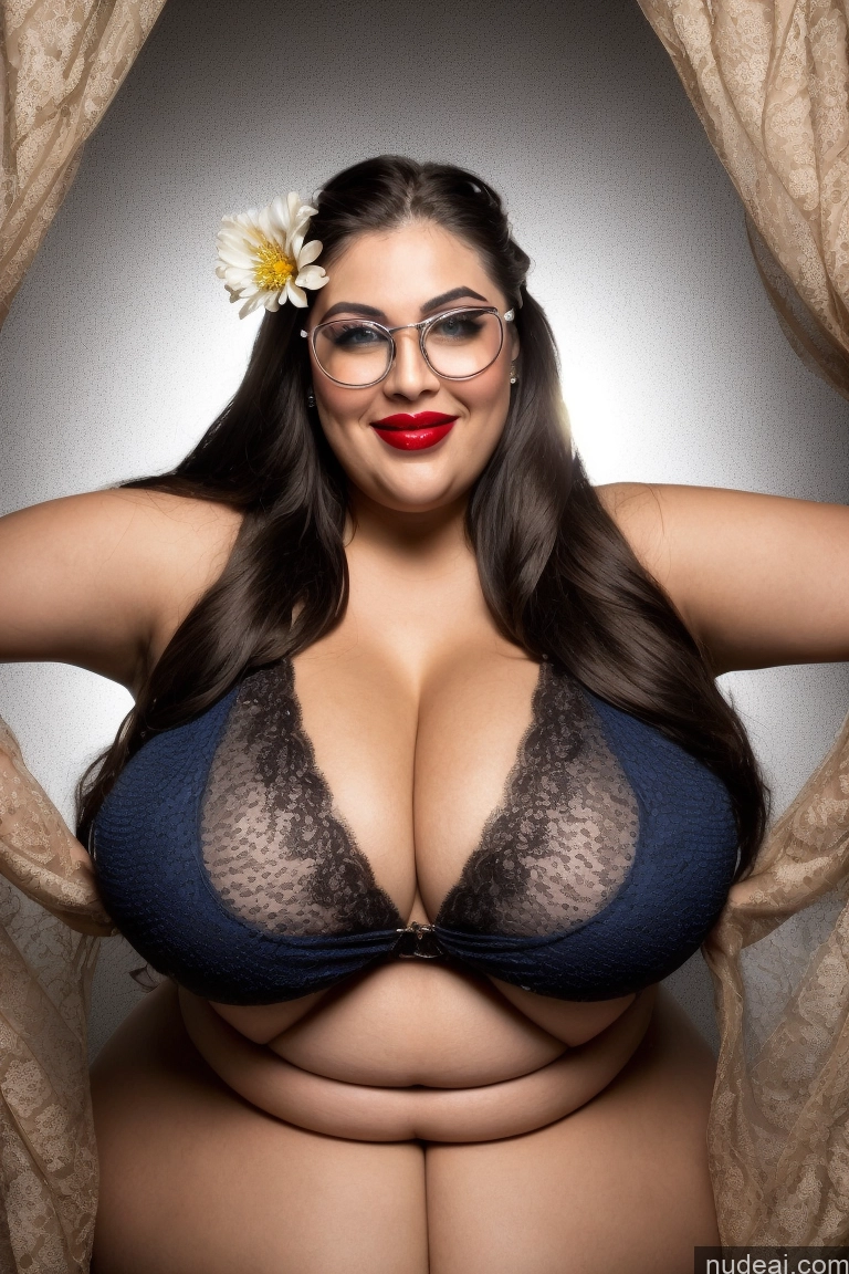 ai nude image of arafed woman with glasses and a flower in her hair pics of Happy 30s Huge Boobs Glasses Gold Jewelry Busty Long Hair Lipstick Brunette Jewelry Cleavage Front View Woman Chubby