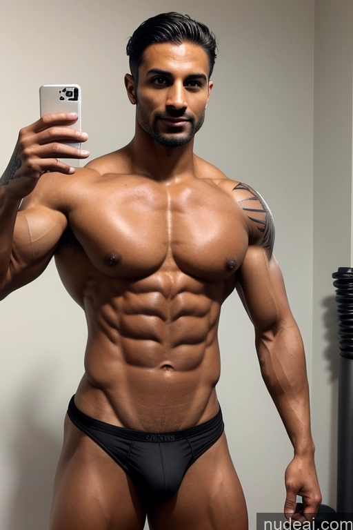 ai nude image of arafed man in a black brief holding a cell phone pics of Bodybuilder One Muscular Perfect Body Tall Tanned Skin 40s Serious Black Hair Police Topless Arabic Mirror Selfie Changing Room Blowjob Perfect Boobs Tattoos Abs Big Ass Big Hips Ponytail