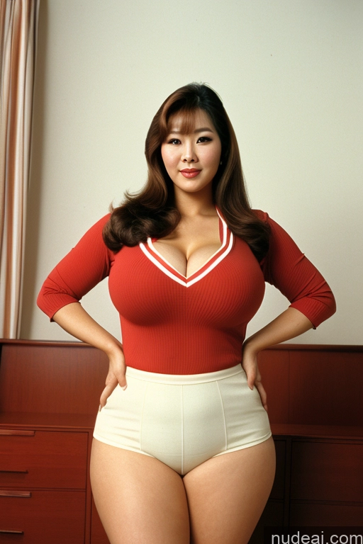 ai nude image of arafed woman in a red shirt and white shorts posing for a picture pics of Big Ass Big Hips Cleavage Busty Korean On Back Milf 70s Cheerleader