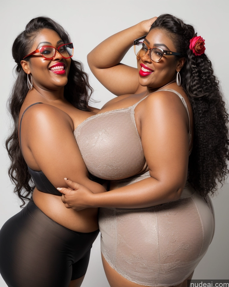 ai nude image of two women in tights and glasses posing for a picture pics of 30s Huge Boobs Glasses Busty Long Hair Brunette Sexy Face Microkini Lingerie Model Dark Skin Chubby Lipstick Laughing