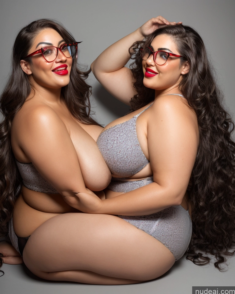 ai nude image of two women in glasses are posing for a picture together pics of 30s Huge Boobs Glasses Busty Long Hair Brunette Sexy Face Microkini Lingerie Model Chubby Lipstick Laughing Fairer Skin