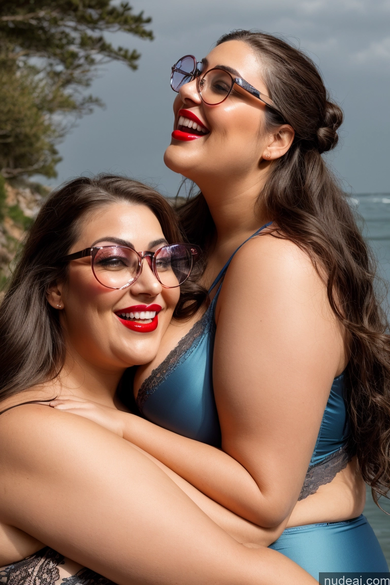 ai nude image of two women in swimsuits hugging each other on the beach pics of 30s Huge Boobs Glasses Busty Long Hair Brunette Sexy Face Lingerie Model Chubby Lipstick Laughing Fairer Skin One Piece Swimsuit