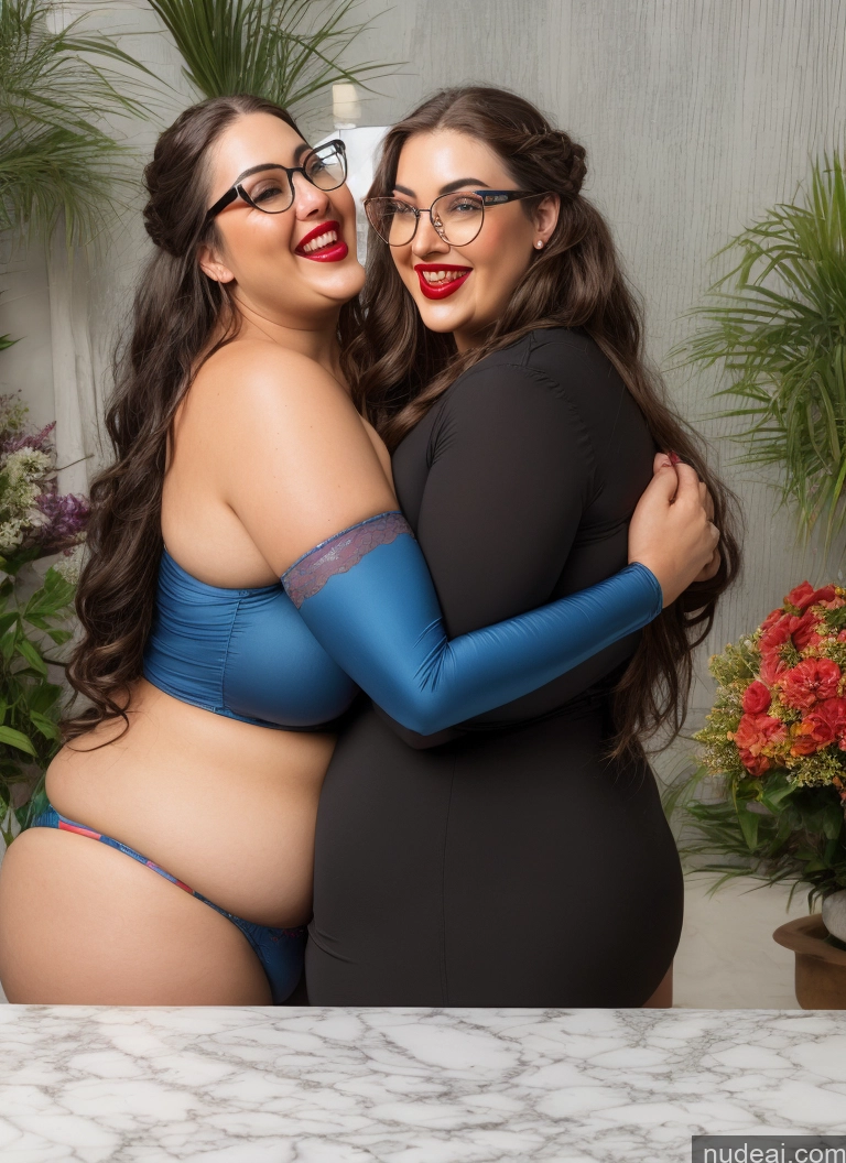 ai nude image of there are two women that are hugging each other in the bathroom pics of 30s Huge Boobs Glasses Busty Long Hair Brunette Sexy Face Lingerie Model Chubby Lipstick Laughing Fairer Skin One Piece Swimsuit