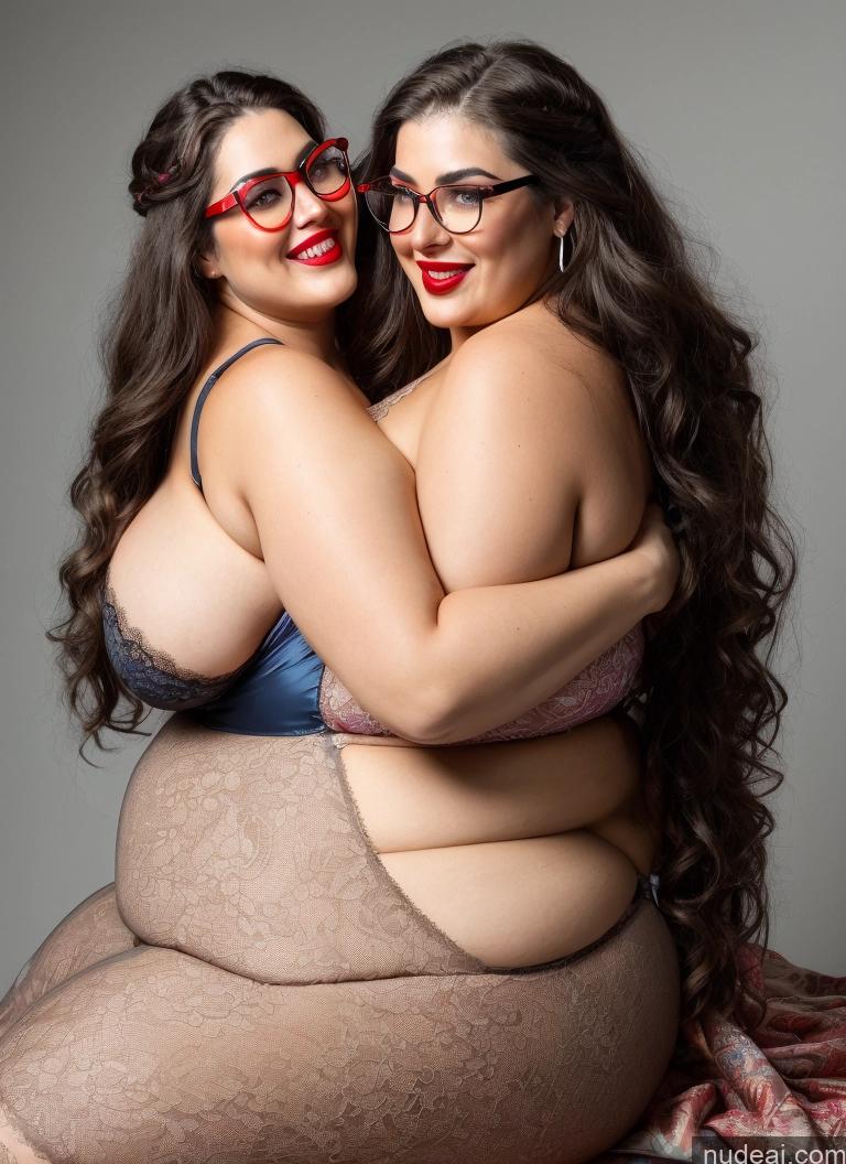 ai nude image of two women in glasses are hugging each other on a bed pics of 30s Huge Boobs Glasses Busty Long Hair Brunette Sexy Face Lingerie Model Chubby Lipstick Laughing Fairer Skin One Piece Swimsuit