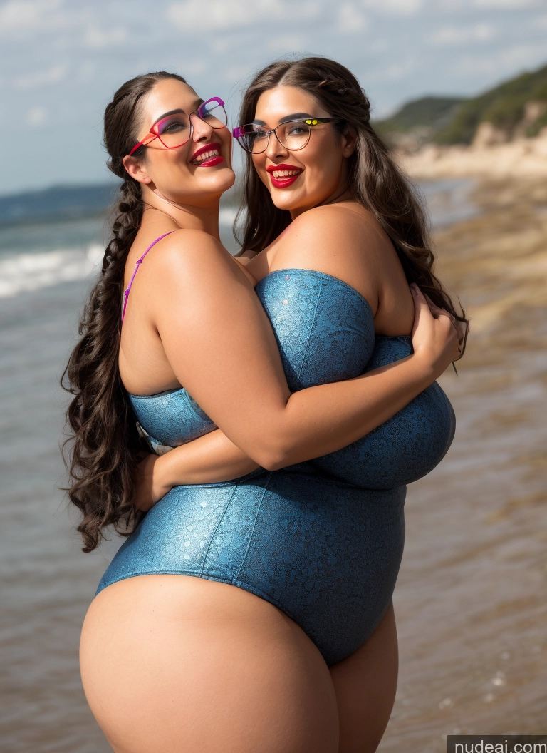 ai nude image of two women in blue swimsuits hugging on the beach pics of 30s Huge Boobs Glasses Busty Long Hair Brunette Sexy Face Lingerie Model Chubby Lipstick Laughing Fairer Skin One Piece Swimsuit