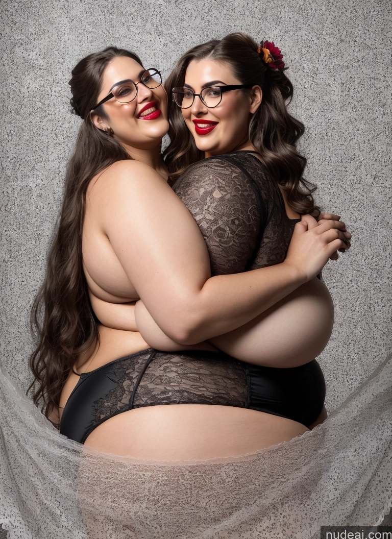 ai nude image of two women in lingersuits hugging each other in a studio pics of 30s Huge Boobs Glasses Busty Long Hair Brunette Sexy Face Lingerie Model Chubby Lipstick Laughing Fairer Skin One Piece Swimsuit