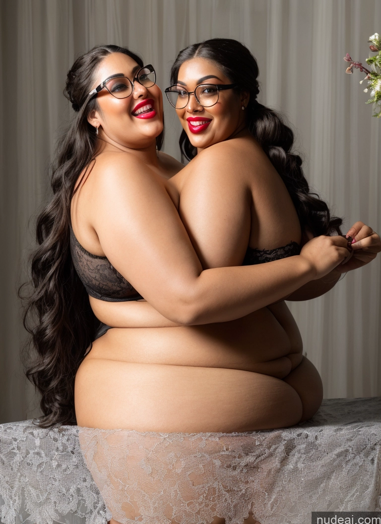 ai nude image of they are two women in lingerie posing for a picture pics of 30s Huge Boobs Glasses Busty Long Hair Brunette Sexy Face Lingerie Model Chubby Lipstick Laughing Dark Skin