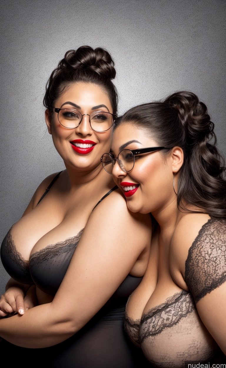 ai nude image of two women in lingersuits posing for a picture with glasses pics of 30s Huge Boobs Glasses Busty Long Hair Brunette Sexy Face Lingerie Model Chubby Lipstick Laughing Dark Skin