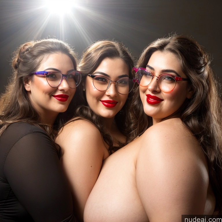 ai nude image of three women with glasses and red lipstick posing for a picture pics of 30s Huge Boobs Glasses Busty Long Hair Brunette Sexy Face Lingerie Model Chubby Happy Lipstick