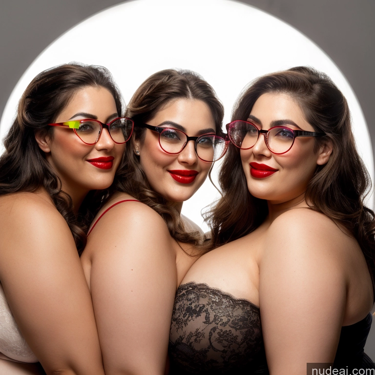 ai nude image of three women with glasses and red lipstick posing for a picture pics of 30s Huge Boobs Glasses Busty Long Hair Brunette Sexy Face Lingerie Model Chubby Happy Lipstick