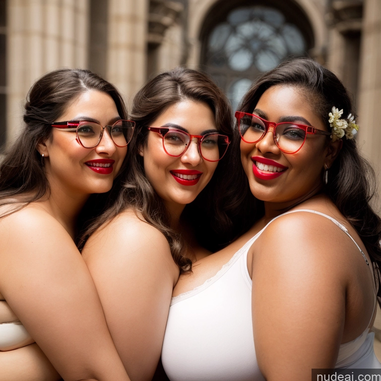 ai nude image of three women in white dresses and red glasses posing for a picture pics of 30s Huge Boobs Glasses Busty Long Hair Brunette Lingerie Model Chubby Happy Lipstick Dark Skin Laughing