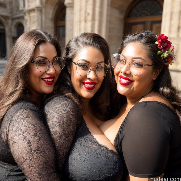 ai nude image of three women in black dresses posing for a picture in front of a building pics of 30s Huge Boobs Glasses Busty Long Hair Brunette Lingerie Model Chubby Lipstick Dark Skin Laughing