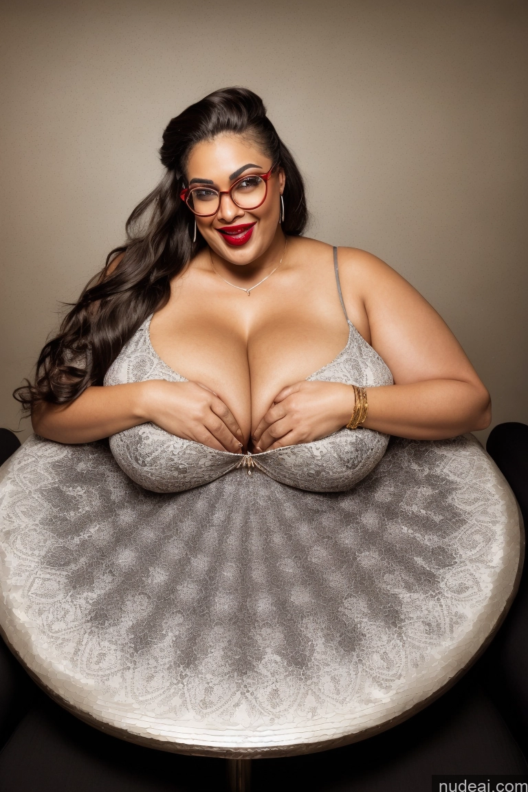 ai nude image of araffe woman in glasses sitting at a table with a big breast pics of 30s Huge Boobs Glasses Busty Long Hair Brunette Chubby Lipstick Laughing Woman Topless Jewelry Pearl Jewelry Gold Jewelry Diamond Jewelry Dark Skin