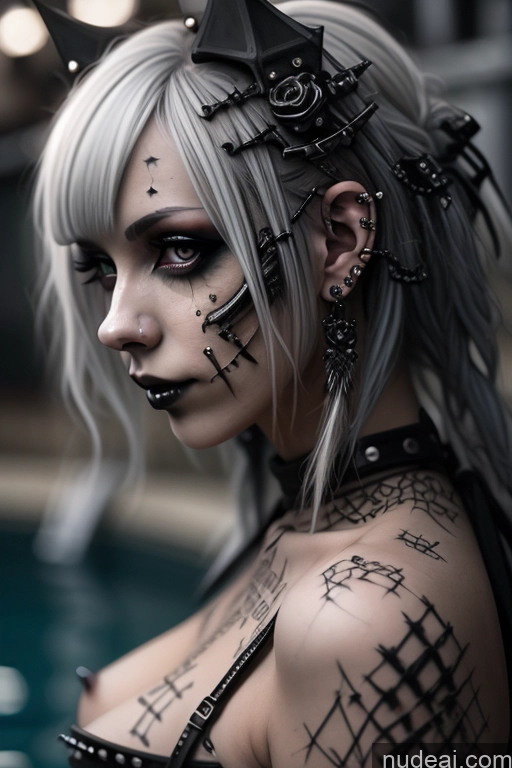 ai nude image of arafed woman with black and white makeup and piercings pics of Close-up View Nude Perfect Boobs Pool Blonde Gothic Punk Girl