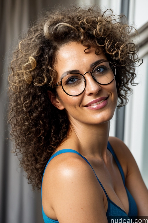 ai nude image of there is a woman with glasses and a blue top smiling pics of Woman One Glasses Short Fairer Skin 60s Orgasm Black Hair Curly Hair Italian Film Photo Bedroom Front View Straddling Bra