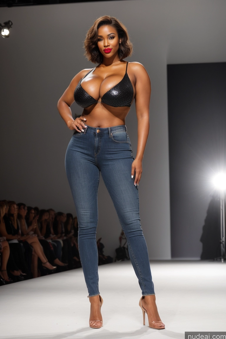 ai nude image of arafed woman in a black bra top and jeans on a runway pics of Model One Huge Boobs Perfect Boobs Beautiful Big Hips Thick Perfect Body Long Legs Big Ass Lipstick Busty 18 Sexy Face Pouting Lips Seductive Short Hair Spreading Legs Nude