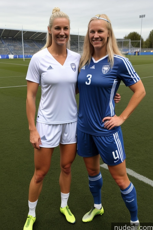 ai nude image of blonde woman in blue and white soccer uniform standing next to another woman pics of Two Hairy Women Muscular Scandinavian Soccer Shirt Partially Nude