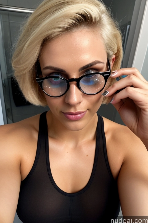 ai nude image of blond woman with glasses and black bra top looking at camera pics of Model One Busty Thick Perfect Body Tall Glasses 18 Sexy Face Blonde Short Hair White Mirror Selfie Bathroom Front View Cumshot Nude Alternative