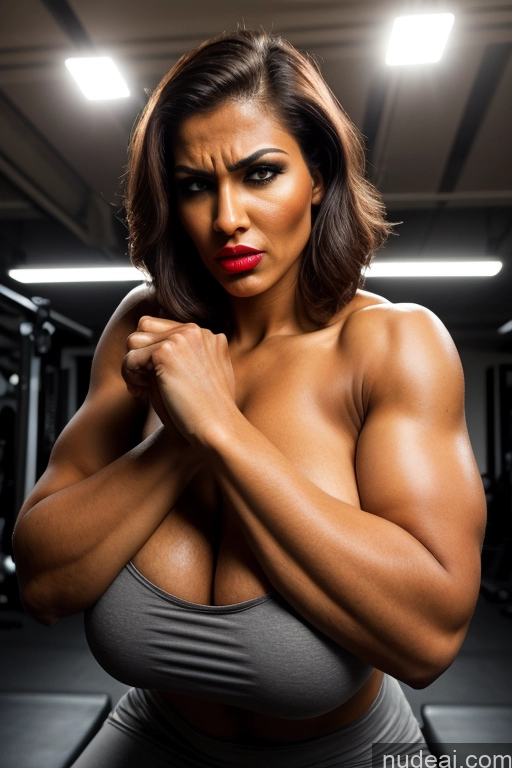 ai nude image of arafed woman posing in a gym with a big breast pics of Woman Huge Boobs Busty Beautiful Lipstick Muscular Big Ass Abs Thick Big Hips Long Legs Tall Nude Diamond Jewelry Dark Lighting Detailed Bobcut Indian Angry