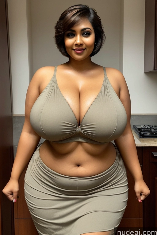 ai nude image of araffe woman in a tan dress posing for a picture pics of Woman Huge Boobs Busty Beautiful Big Ass Big Hips Sari Indian Short Hair