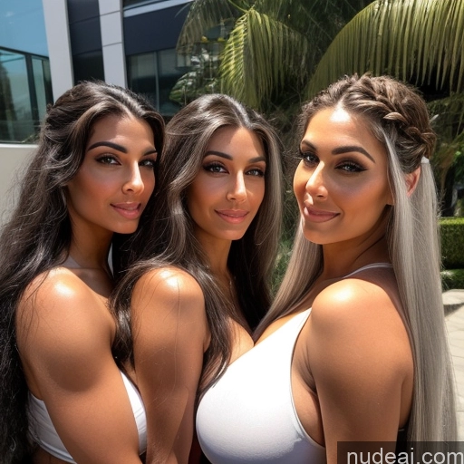 ai nude image of three women in white bikinis posing for a picture pics of Model Two Huge Boobs Beautiful Big Ass Big Hips Perfect Body 18 Sexy Face Black Hair Middle Eastern Diamond Jewelry Detailed Dance Dress: Belly Dance Long Hair