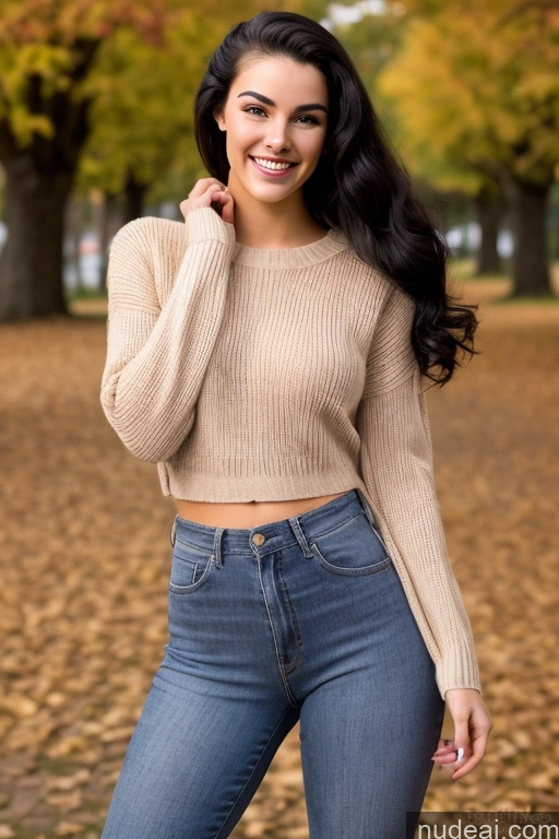 ai nude image of a woman in a tan sweater and jeans posing for a picture pics of Model Pubic Hair Big Hips Big Ass Skinny Beautiful Happy Sexy Face Black Hair Pixie 60s Sweater Boots 18 T-pose Nude